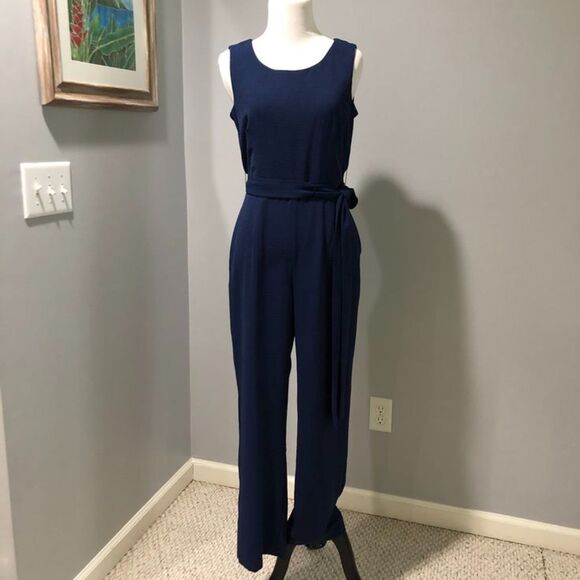 Tahari Navy Blue Sleeveless One-Piece Jumpsuit with Tie Sash Size 2 - Picture 8 of 10